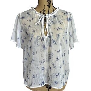 Abercrombie & Fitch Sheer Short Sleeve Floral Blouse White Blue Size Medium